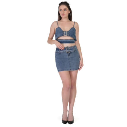 Women's Casual Denim Two-Piece Co-Ord Set with Adjustable Buckle