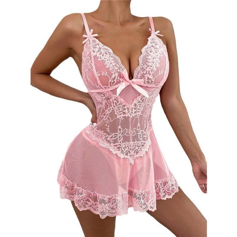 H0b69138e32254d2c80900cc0b8825c0dq Lace Cute Transparent Gauze Bow Embroidery Sleep Dress - Image 1