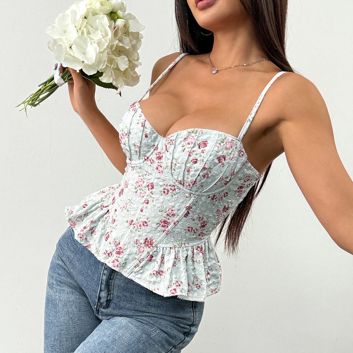 H0be020ca1ba14bc88648a4dbd6a448b4d Premium Floral Corset Cami Top - Image 1