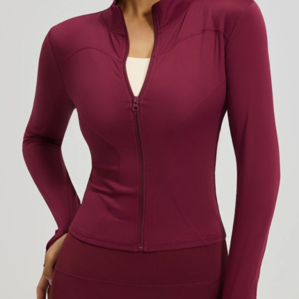 Women Zip Up Workout Jacket Stand Collar Thumb Holes Long Sleeve Slim Cropped Sports Top For Gym Yoga Running