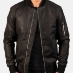 Men's Washed Faux Leather Ribbed Baseball Collar Zip Up Bomber Jacket, Single Zipper Sleeve Pocket Slim Fit Pilot Outerwear