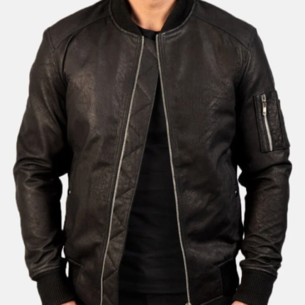 Men's Washed Faux Leather Ribbed Baseball Collar Zip Up Bomber Jacket, Single Zipper Sleeve Pocket Slim Fit Pilot Outerwear