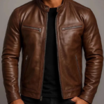 Men's Vintage Washed Faux Leather Stand Collar Four Zip Pocket Slim Biker Jacket