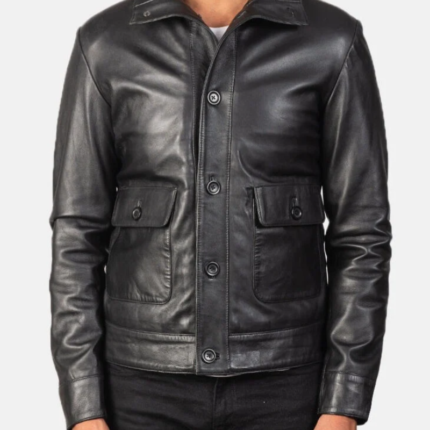 Men Vintage Brown Washed Full Grain Leather Lapel Dual Pocket Slim Trucker Jacket