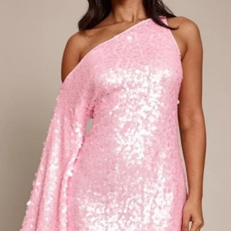 Untitled Design (9) Women's Dress Petite Pink Sequin Asymmetric Mini Dress - Image 1