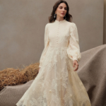 Women’s Floral Lace Maxi Dress with Puff Sleeves