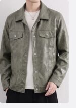 Men's Black Faux Leather Trucker Jacket Lapel Collar Button Down Casual Outerwear Classic Jacket Coat With Flap Pockets - Image 2