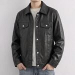 Men's Black Faux Leather Trucker Jacket Lapel Collar Button Down Casual Outerwear Classic Jacket Coat With Flap Pockets