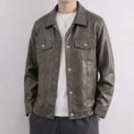 Men's Black Faux Leather Trucker Jacket Lapel Collar Button Down Casual Outerwear Classic Jacket Coat With Flap Pockets - Image 4