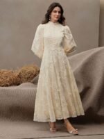 Women’s Floral Lace Maxi Dress with Puff Sleeves - Image 2