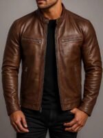 Men's Vintage Washed Faux Leather Stand Collar Four Zip Pocket Slim Biker Jacket - Image 2