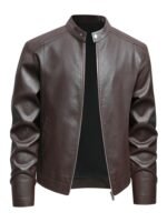 Men's Brown Faux Leather Stand Collar Zip Up Lightweight Bomber Jacket Classic PU Leather Jacket Casual Outerwear Coat - Image 5