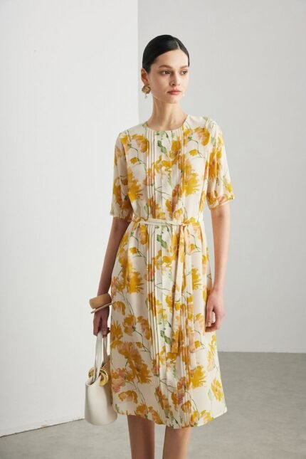 Women Silk Floral Midi Dress Round Neck Half Sleeve Waist Tie Elegant Casual A Line Dress