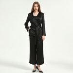 Women Black V-Neck Acetate Satin Suit Blouse and pants suit set