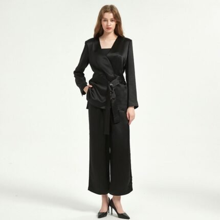 Women Black V-Neck Acetate Satin Suit Blouse and pants suit set