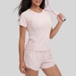 Women Breathable Mesh 2-Piece Athletic Set Quick Dry Round Neck Short Sleeve Top & Loose Running Shorts