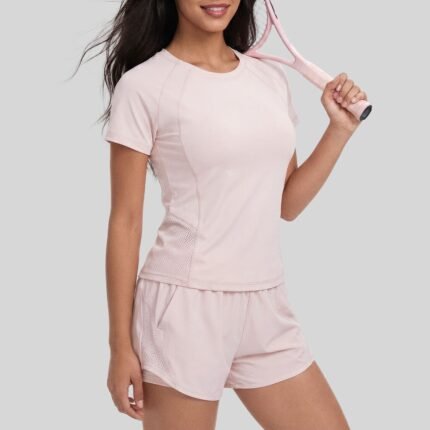 Women Breathable Mesh 2-Piece Athletic Set Quick Dry Round Neck Short Sleeve Top & Loose Running Shorts