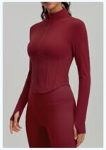 Women Cropped Workout Jacket Stand Collar Full Zip Corset Seam Design Long Sleeve Thumb Holes Stretchy Athletic Top Gym Running - Image 4