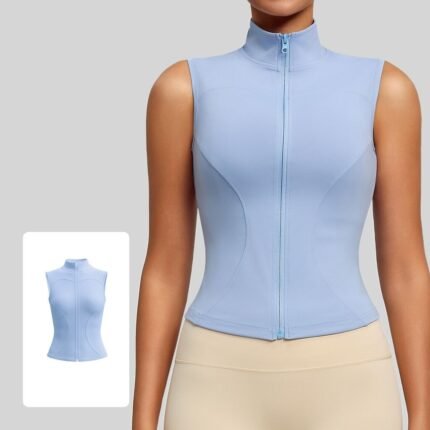 Women Stand Collar Sleeveless Workout Vest Full Zip Front Stretchy Seamed Slim Fit Cropped Tank Top for Gym Running Yoga