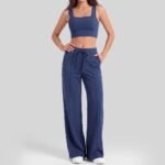 Women Premium Soft 2-Piece Athleisure Set Square Neck Crop Sports Bra + High Waist Drawstring Wide Leg Lounge Pants - Image 2