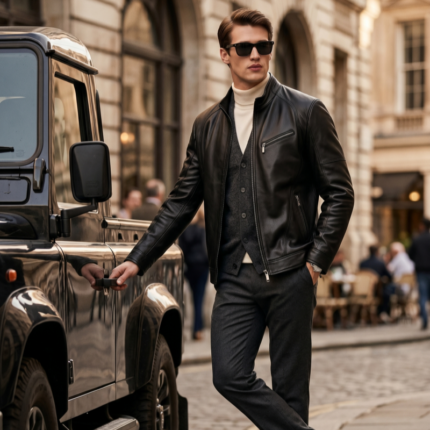Men's Black Genuine Leather Moto Jacket Diagonal Chest Zipper Pocket Side Zip Pockets Slim Fit Mid Length Casual Leather Coat