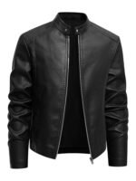 Men's Brown Faux Leather Stand Collar Zip Up Lightweight Bomber Jacket Classic PU Leather Jacket Casual Outerwear Coat - Image 2