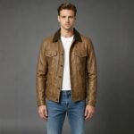 Men Brown Faux Leather Trucker Jacket Contrast Lapel Collar Button Down Casual Outerwear