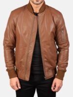 Men's Washed Faux Leather Ribbed Baseball Collar Zip Up Bomber Jacket, Single Zipper Sleeve Pocket Slim Fit Pilot Outerwear - Image 4