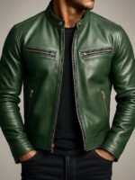 Men's Vintage Washed Faux Leather Stand Collar Four Zip Pocket Slim Biker Jacket - Image 5