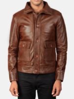 Men Vintage Brown Washed Full Grain Leather Lapel Dual Pocket Slim Trucker Jacket - Image 4