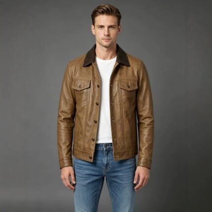 Men Brown Faux Leather Trucker Jacket Contrast Lapel Collar Button Down Casual Outerwear