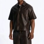 Men's Brown Washed Faux Leather jacket 2 Piece Short Sleeve Button Down Cropped Shirt Wide Leg Knee Length Bermuda Shorts Set - Image 5