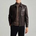 Men's Premium Brown Genuine Sheepskin Leather Jacket with Point Collar Full Zip Closure Chest Flap Pockets and Long Sleeves - Image 3
