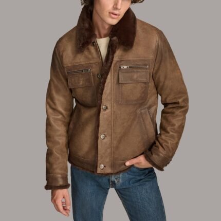 Men's leather jacket with fur lining trucker jacket