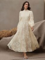 Women’s Floral Lace Maxi Dress with Puff Sleeves - Image 3