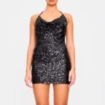 Women's Dress Sequin Tie Cowl Halter Neck Bodycon Dress - Image 3