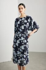 Women Silk Floral Midi Dress Round Neck Half Sleeve Waist Tie Elegant Casual A Line Dress - Image 6