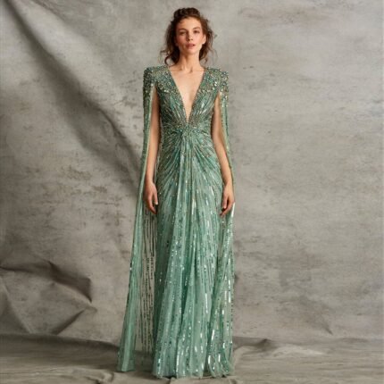 Crystal Sequin Gown Crystal-Embellished Cape-Style Long Evening Gown