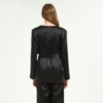 Women Black V-Neck Acetate Satin Suit Blouse and pants suit set - Image 5