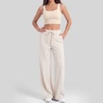 Women Premium Soft 2-Piece Athleisure Set Square Neck Crop Sports Bra + High Waist Drawstring Wide Leg Lounge Pants