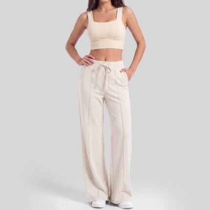 Women Premium Soft 2-Piece Athleisure Set Square Neck Crop Sports Bra + High Waist Drawstring Wide Leg Lounge Pants