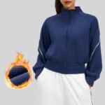 Women Fleece Lined Warm Yoga Jacket Full Zip Stand Collar Side White Stripe Long Sleeve Cropped Athletic Top