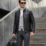 Men's Black Genuine Leather Moto Jacket Diagonal Chest Zipper Pocket Side Zip Pockets Slim Fit Mid Length Casual Leather Coat - Image 2