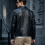 Men's Black Genuine Leather Trucker Jacket Point Turn Down Collar Slim Fit Mid Length Casual Leather Coat - Image 4