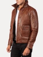 Men Vintage Brown Washed Full Grain Leather Lapel Dual Pocket Slim Trucker Jacket - Image 2