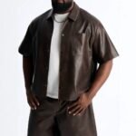 Men's Brown Washed Faux Leather jacket 2 Piece Short Sleeve Button Down Cropped Shirt Wide Leg Knee Length Bermuda Shorts Set - Image 4