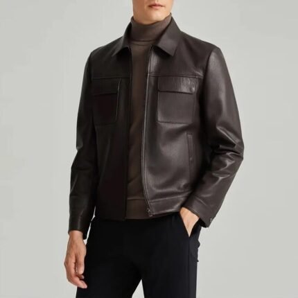 Men's Premium Brown Genuine Sheepskin Leather Jacket with Point Collar Full Zip Closure Chest Flap Pockets and Long Sleeves