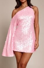 Women's Dress Petite Pink Sequin Asymmetric Mini Dress - Image 5