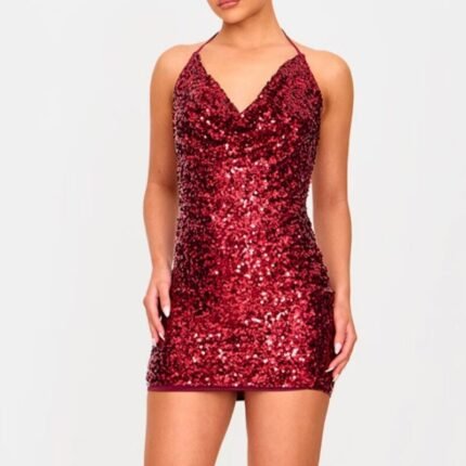 Women's Dress Sequin Tie Cowl Halter Neck Bodycon Dress