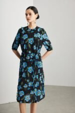 Women Silk Floral Midi Dress Round Neck Half Sleeve Waist Tie Elegant Casual A Line Dress - Image 2
